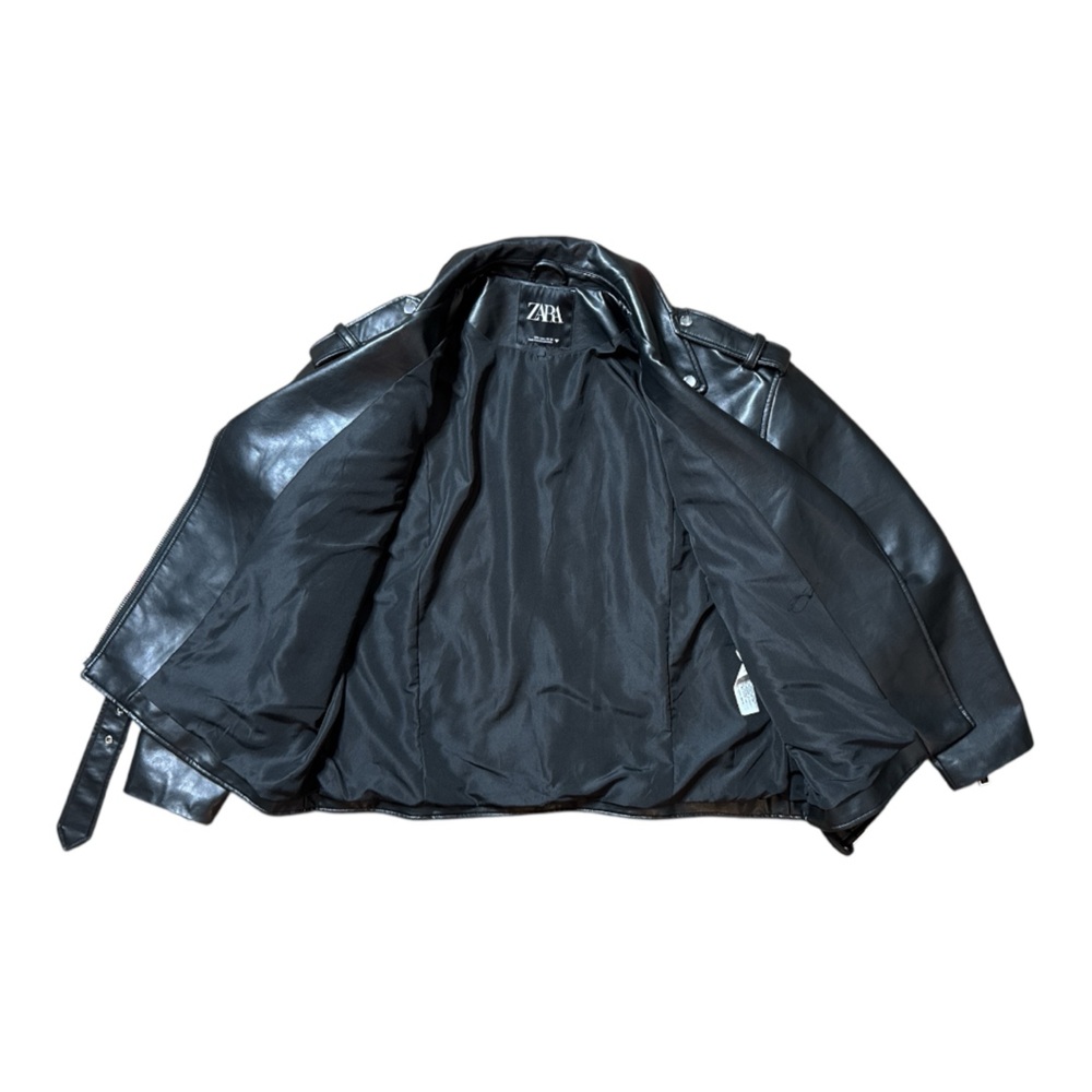 ZARA BLACK FAUX LEATHER MOTO BIKER JACKET BELTED ZIP COAT SIZE LARGE **NWOT** - Picture 6 of 13